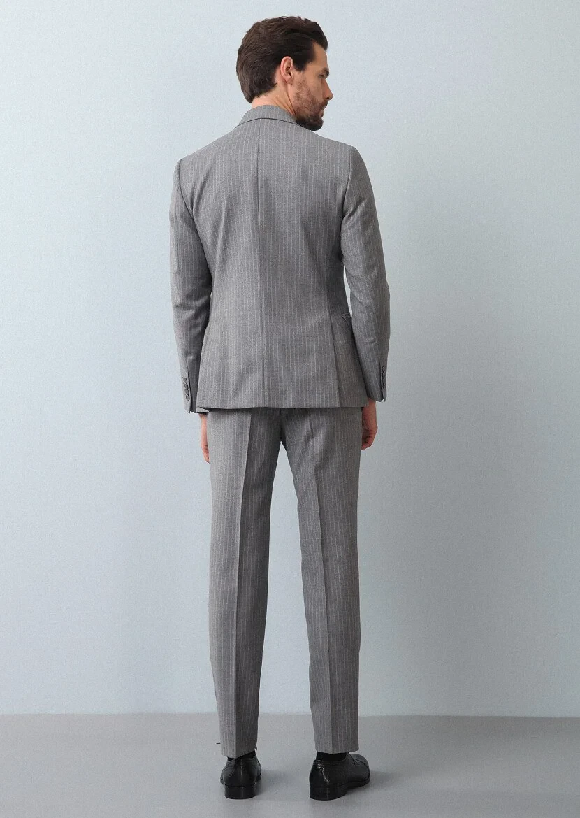 Gri Çizgili Zeroweight Slim Fit %100 Yün Takım Elbise - 5