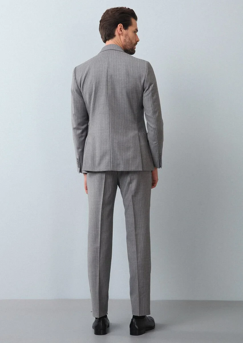 Gri Çizgili Zeroweight Slim Fit %100 Yün Takım Elbise - 5