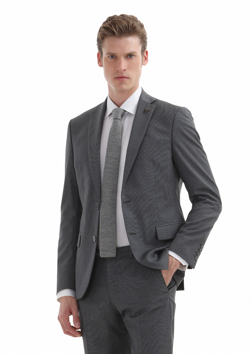 Gri Çizgili Zeroweight Slim Fit %100 Yün Takım Elbise - 2