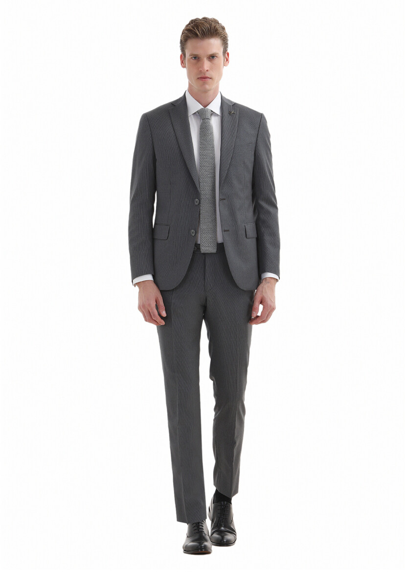 Gri Çizgili Zeroweight Slim Fit %100 Yün Takım Elbise 