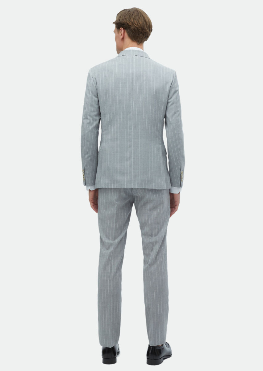 Gri Çizgili Zeroweight Slim Fit %100 Yün Takım Elbise - 6