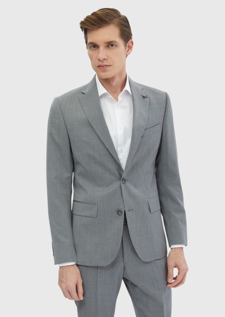 RAMSEY Gri Çizgili Zeroweight Slim Fit %100 Yün Takım Elbise