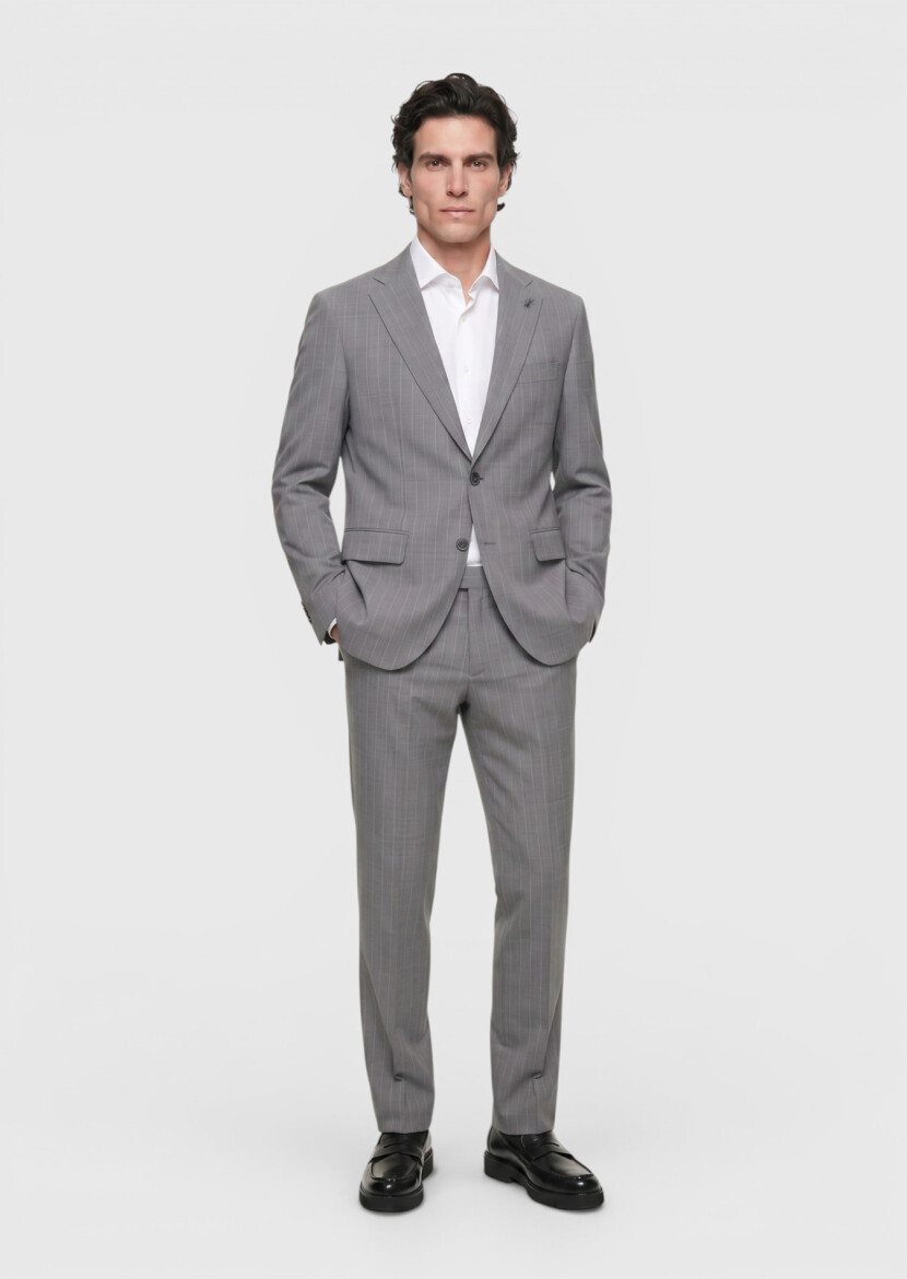 Gri Çizgili Zeroweight Slim Fit %100 Yün Takım Elbise - 4
