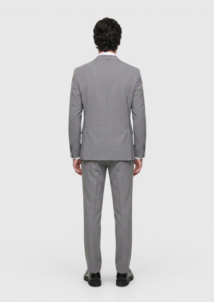 Gri Çizgili Zeroweight Slim Fit %100 Yün Takım Elbise - 5