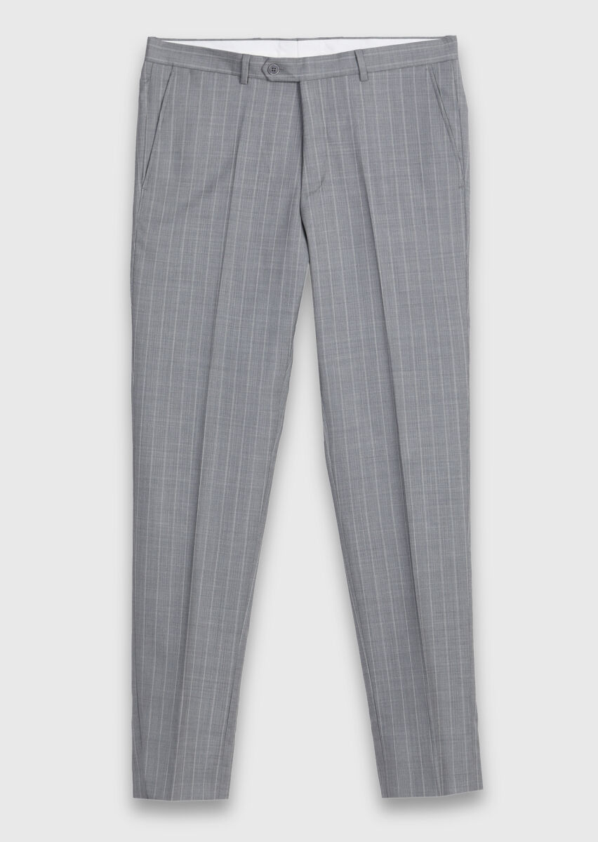 Gri Çizgili Zeroweight Slim Fit %100 Yün Takım Elbise - 7