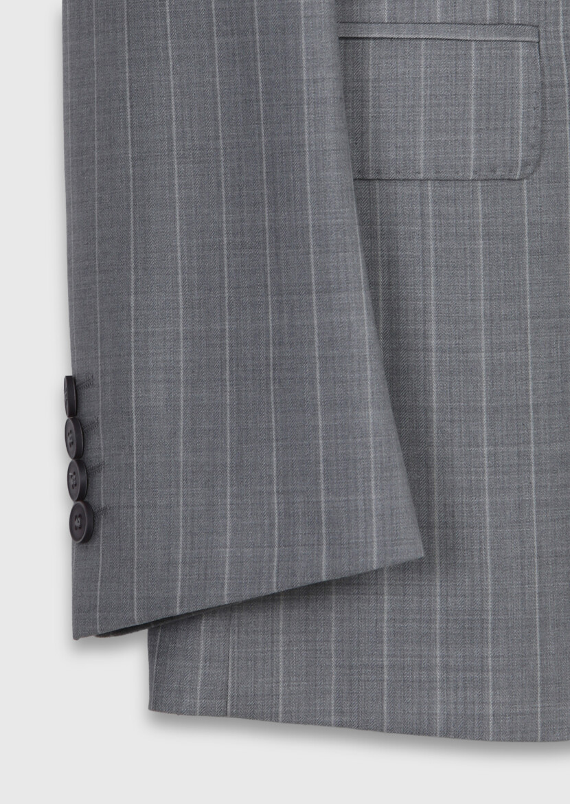 Gri Çizgili Zeroweight Slim Fit %100 Yün Takım Elbise - 9
