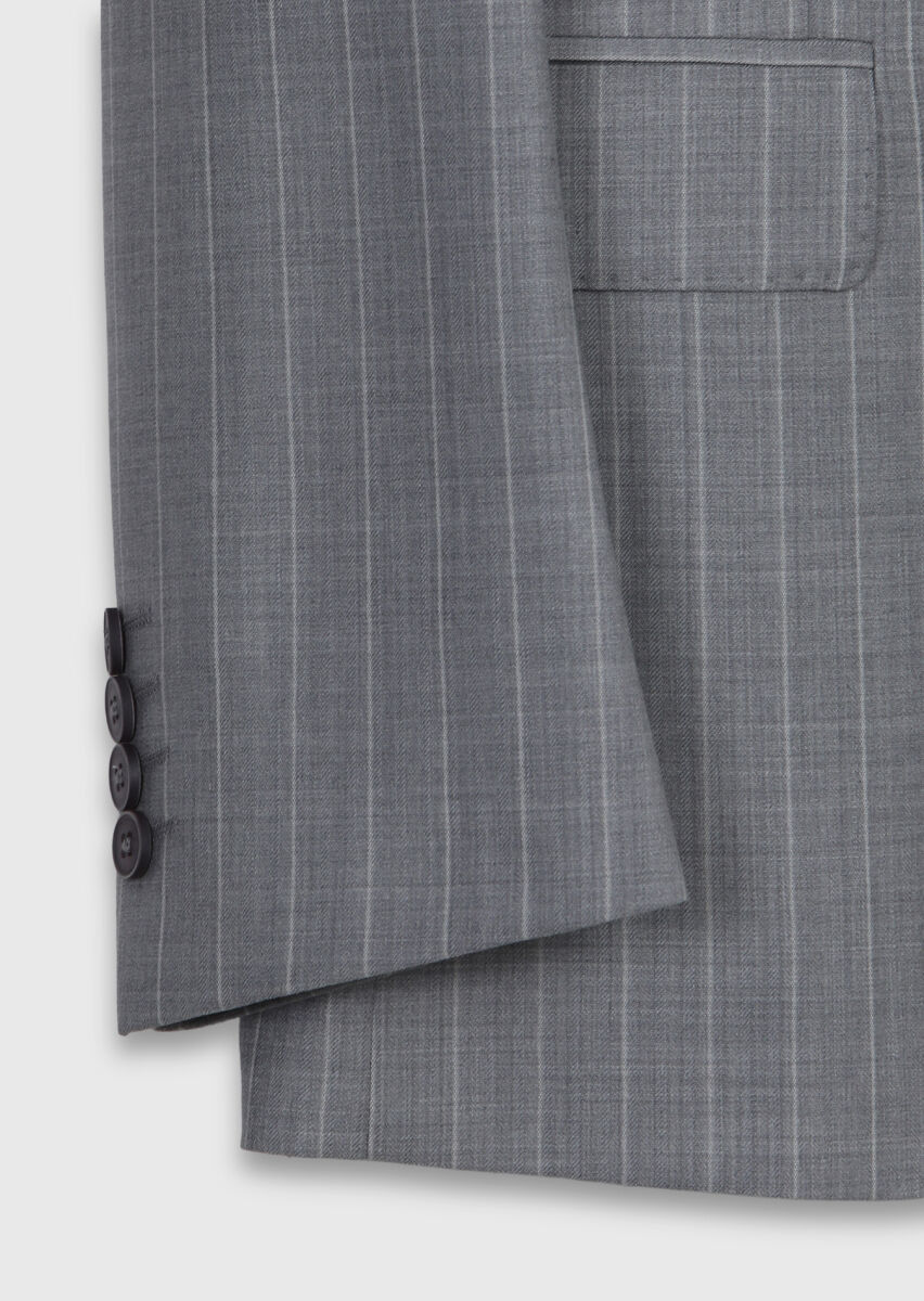Gri Çizgili Zeroweight Slim Fit %100 Yün Takım Elbise - 9
