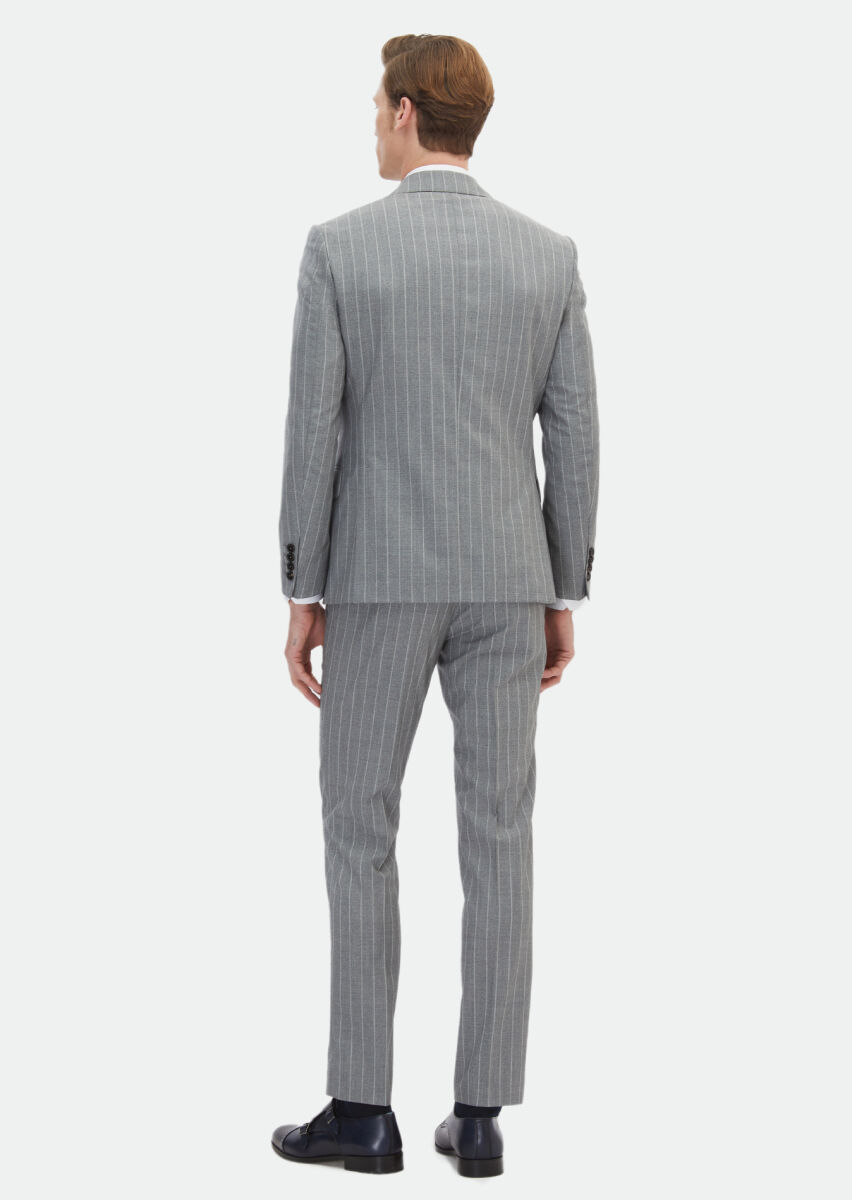 Gri Çizgili Zeroweight Slim Fit İpek Karışımlı Takım Elbise - 5