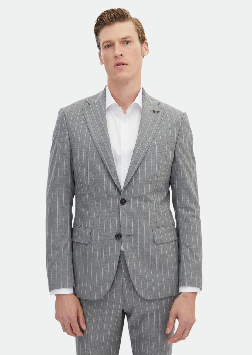 Gri Çizgili Zeroweight Slim Fit İpek Karışımlı Takım Elbise - RAMSEY