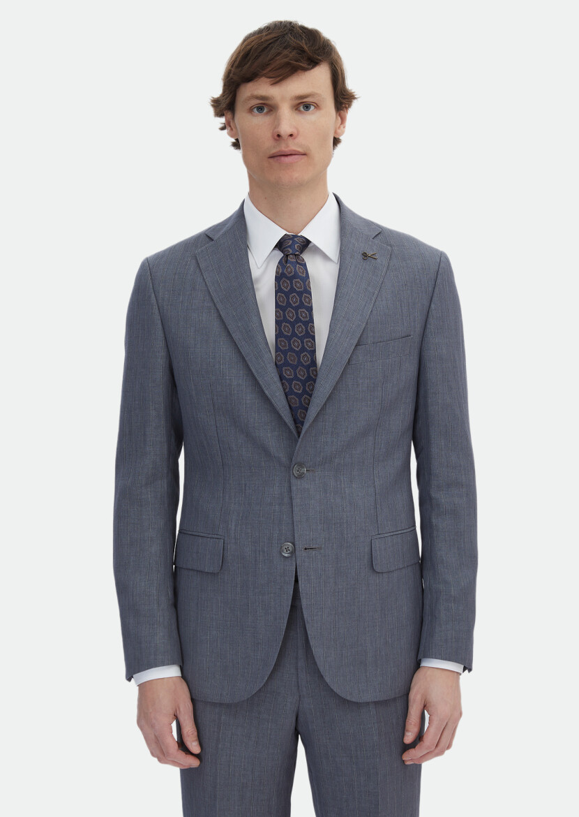 Gri Çizgili Zeroweight Slim Fit Keten Karışımlı Takım Elbise 