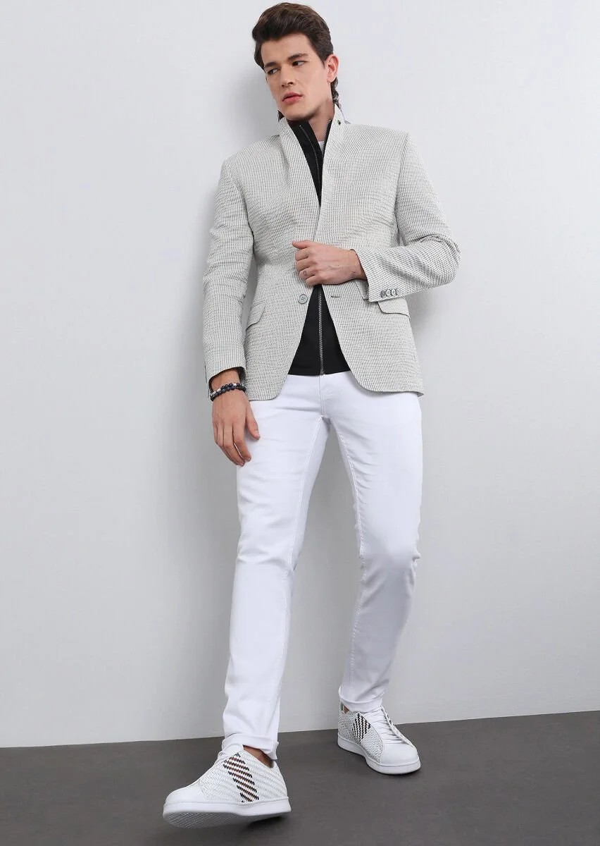 Gri Çizgili Zeroweight Slim Fit Pamuk Karışımlı Ceket - 2