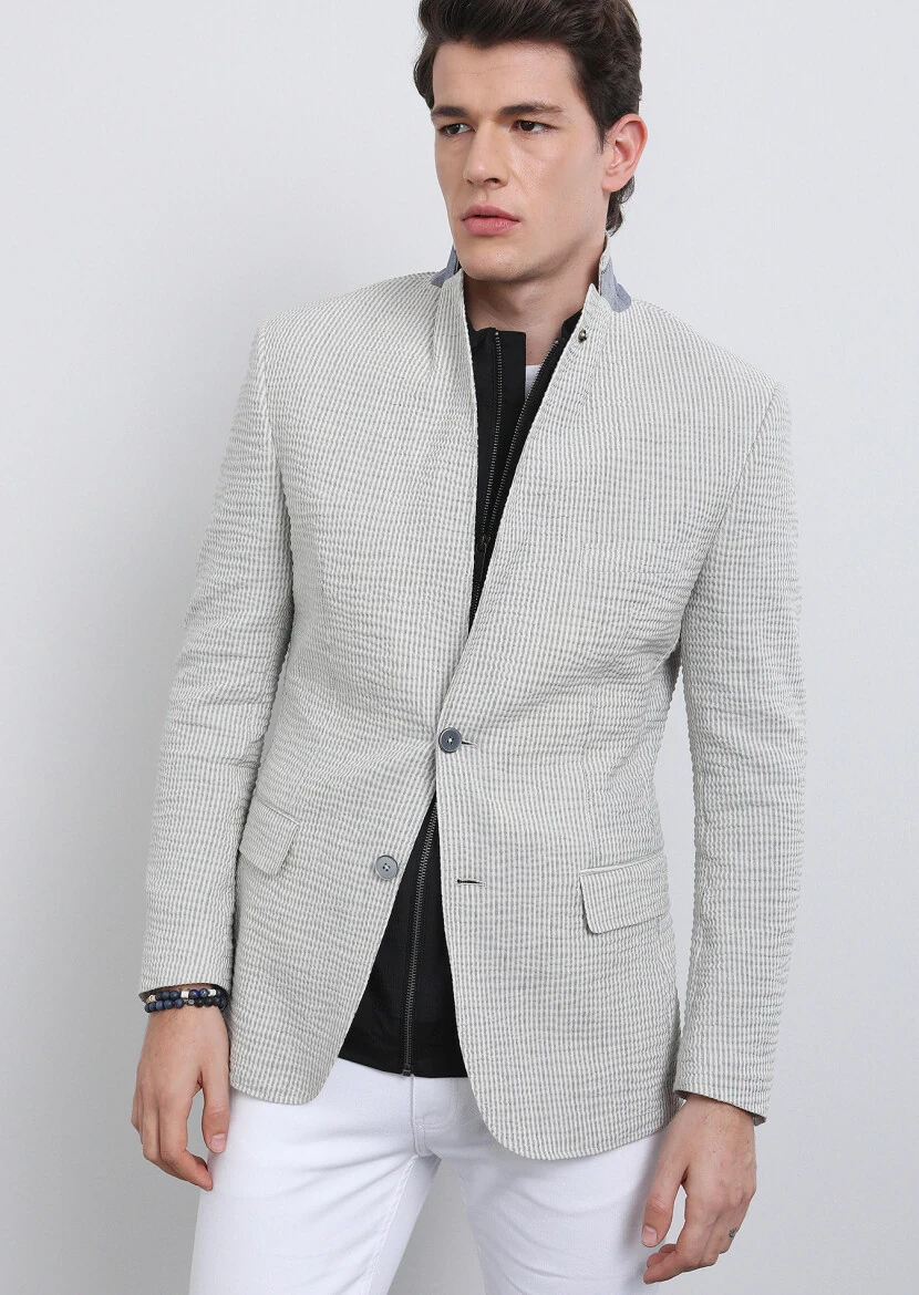 Gri Çizgili Zeroweight Slim Fit Pamuk Karışımlı Ceket - 4