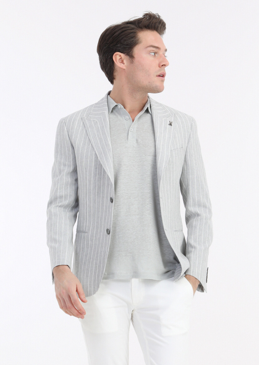 Gri Çizgili Zeroweight Slim Fit Pamuk Karışımlı Ceket 