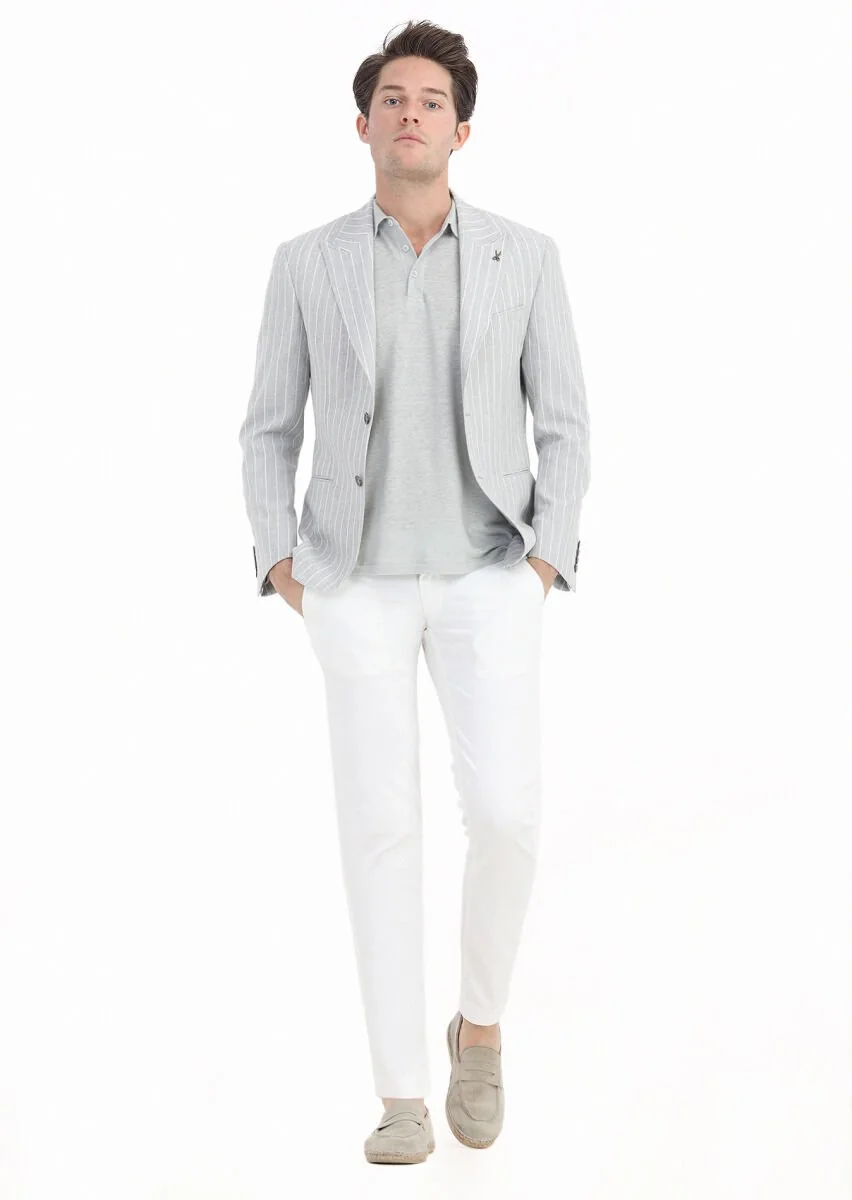 Gri Çizgili Zeroweight Slim Fit Pamuk Karışımlı Ceket - 1