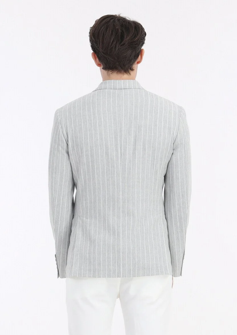 Gri Çizgili Zeroweight Slim Fit Pamuk Karışımlı Ceket - 5