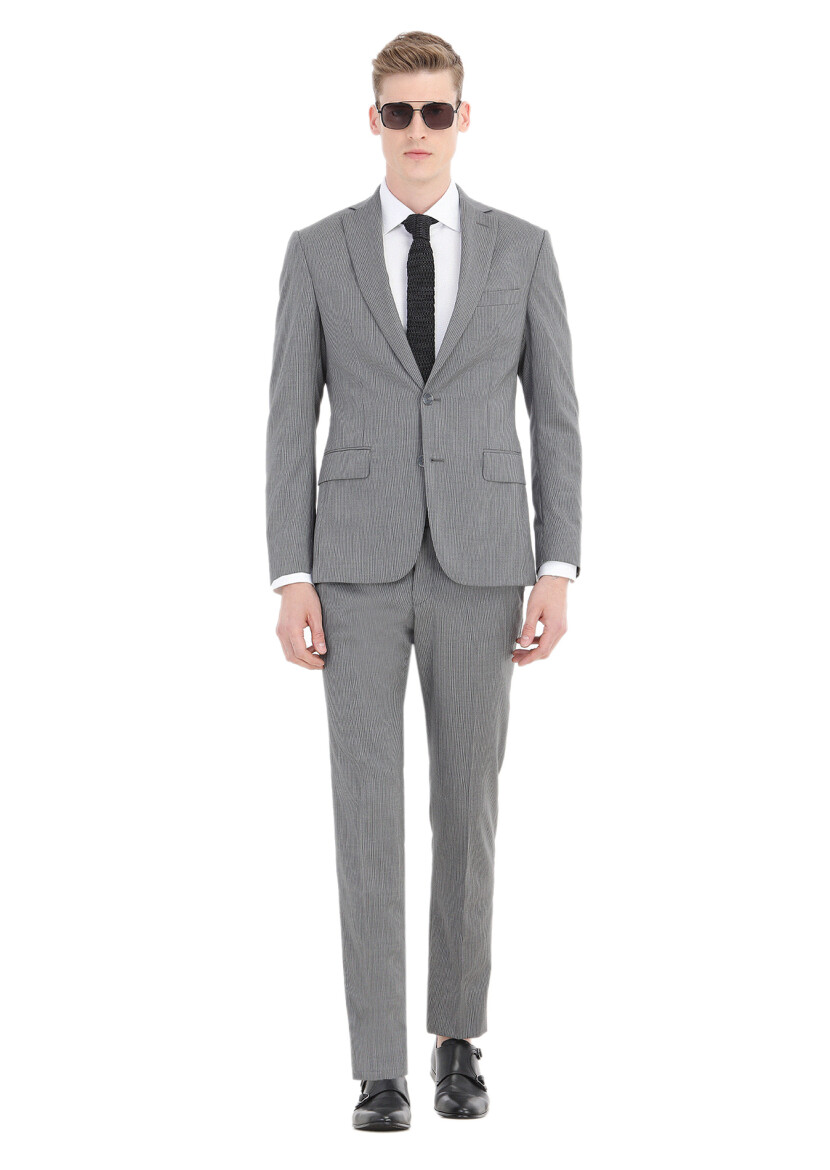 Gri Çizgili Zeroweight Slim Fit Yün Karışımlı Takım Elbise 