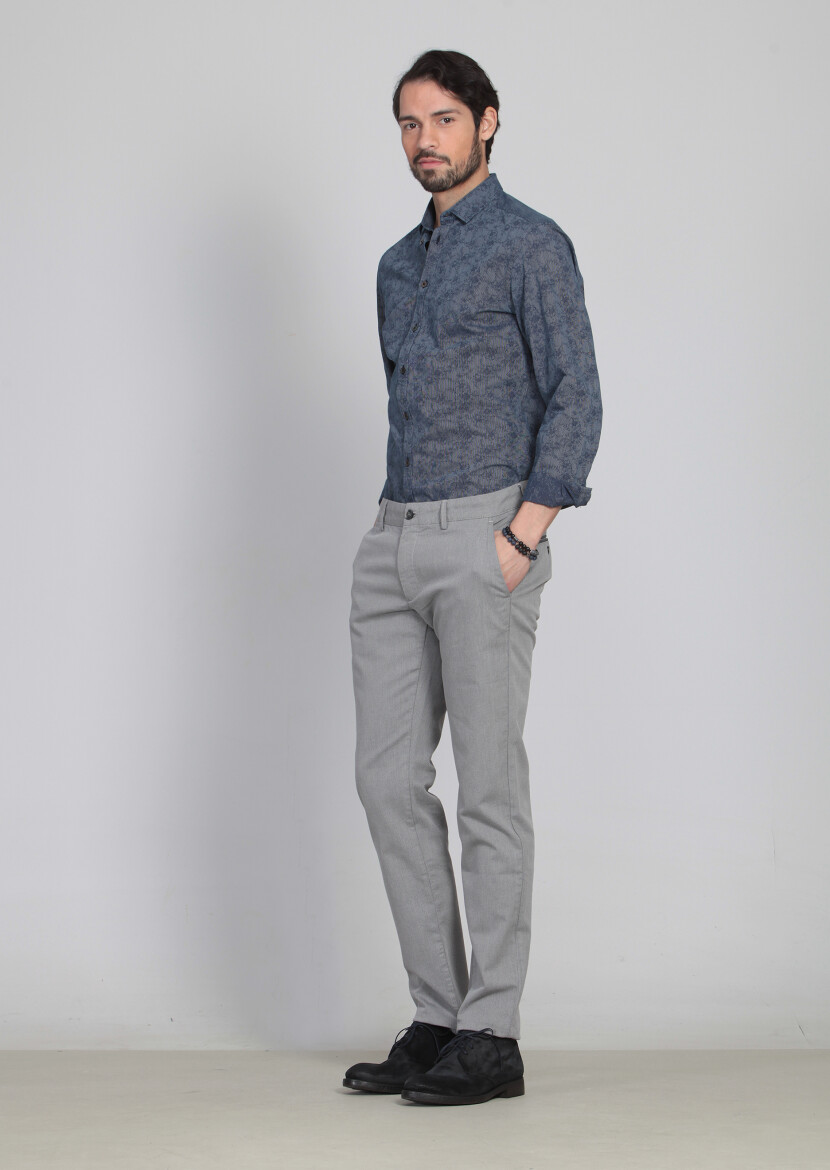 Gri Desenli Dokuma Regular Fit Casual Pamuk Karışımlı Pantolon - 3