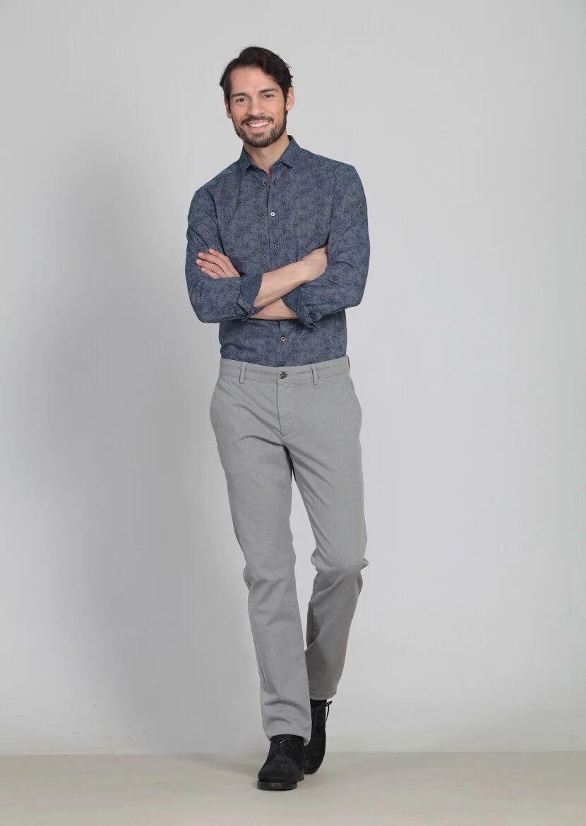 Gri Desenli Dokuma Regular Fit Casual Pamuk Karışımlı Pantolon - 2