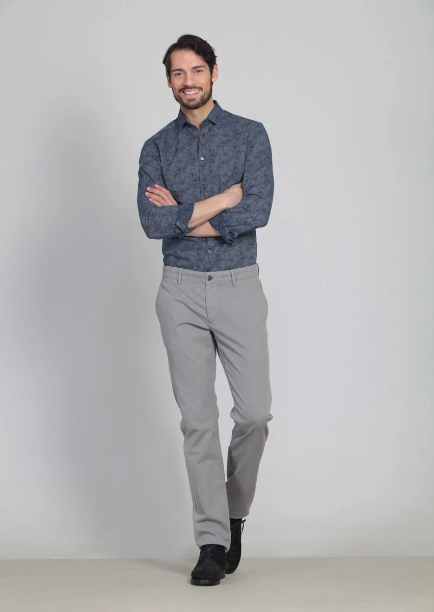 Gri Desenli Dokuma Regular Fit Casual Pamuk Karışımlı Pantolon - 2