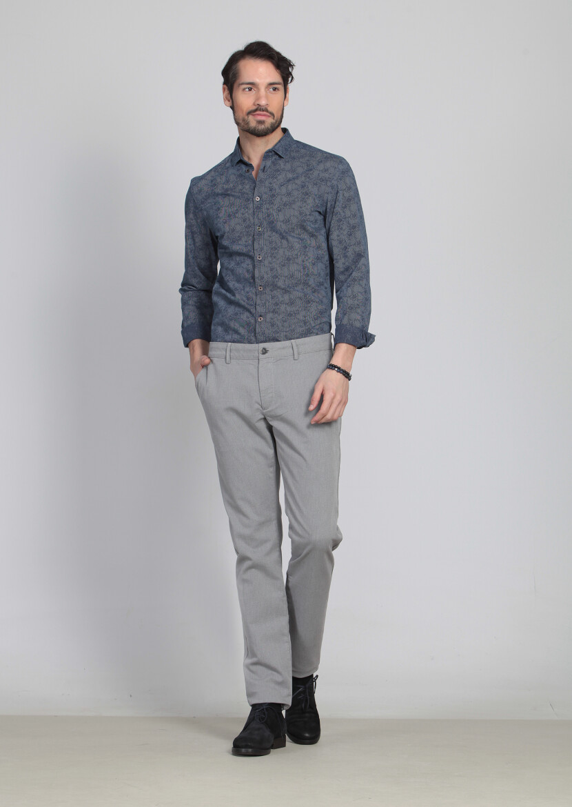 Gri Desenli Dokuma Regular Fit Casual Pamuk Karışımlı Pantolon 