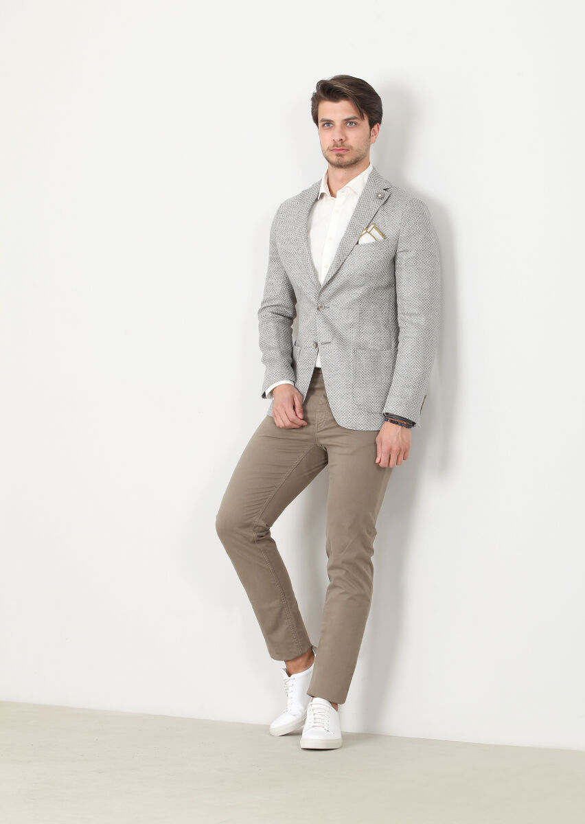Gri Desenli Shirt Shoulder-slim Fit %100 Keten Ceket - 1