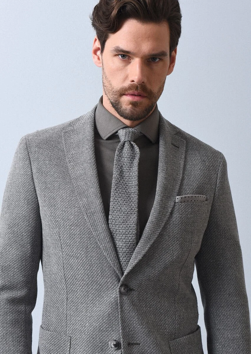Gri Desenli Shirt Shoulder Slim Fit Yün Karışımlı Ceket - 2