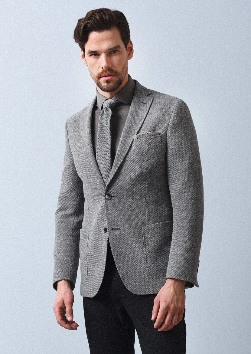 Gri Desenli Shirt Shoulder Slim Fit Yün Karışımlı Ceket - 3