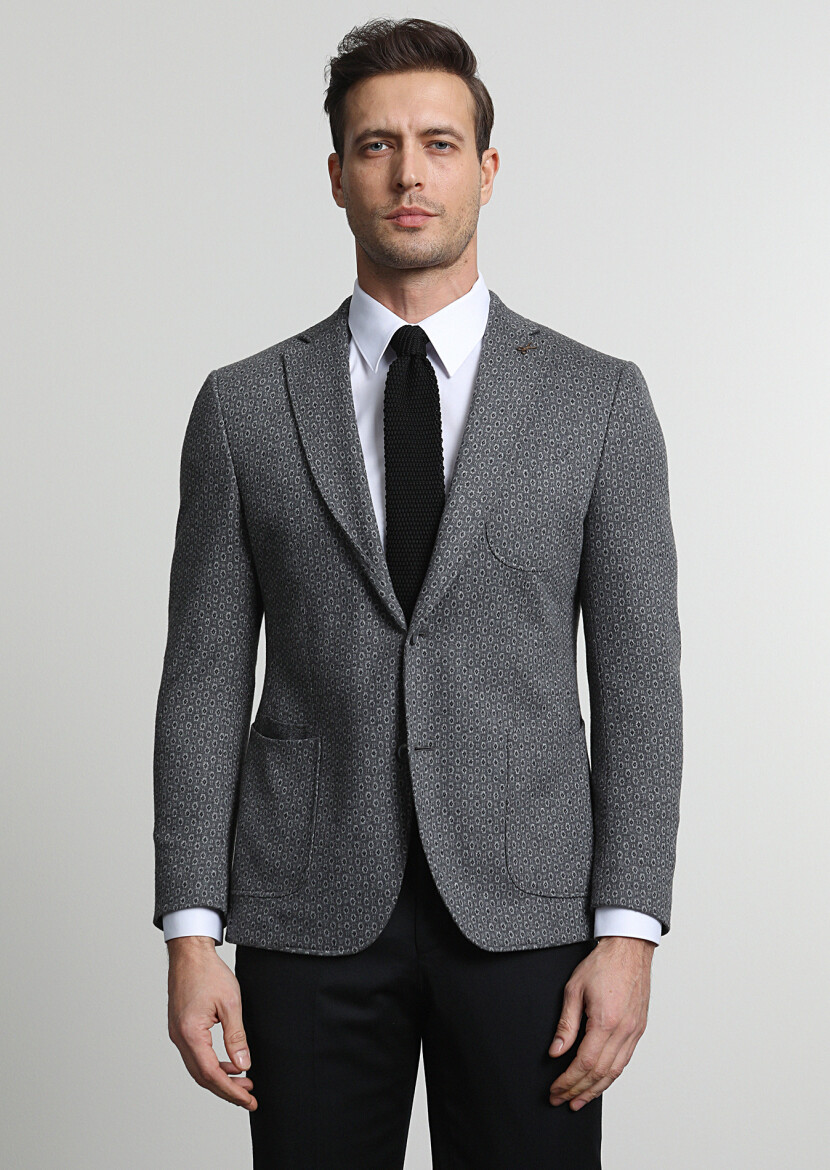 Gri Desenli Zeroweight Slim Fit Pamuk Karışımlı Örme Ceket - 1