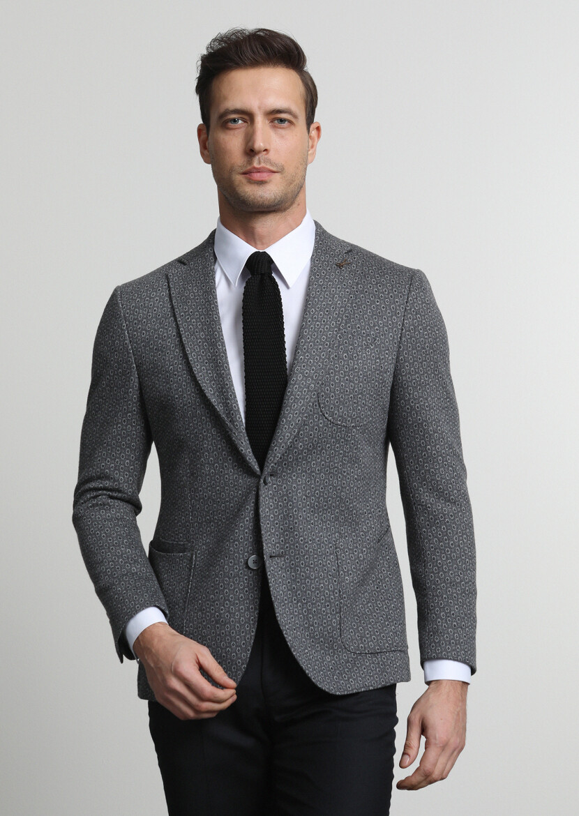 Gri Desenli Zeroweight Slim Fit Pamuk Karışımlı Örme Ceket - 2