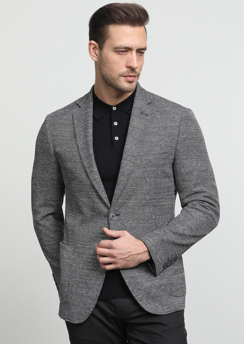 Gri Desenli Zeroweight Slim Fit Pamuk Karışımlı Örme Ceket - 3
