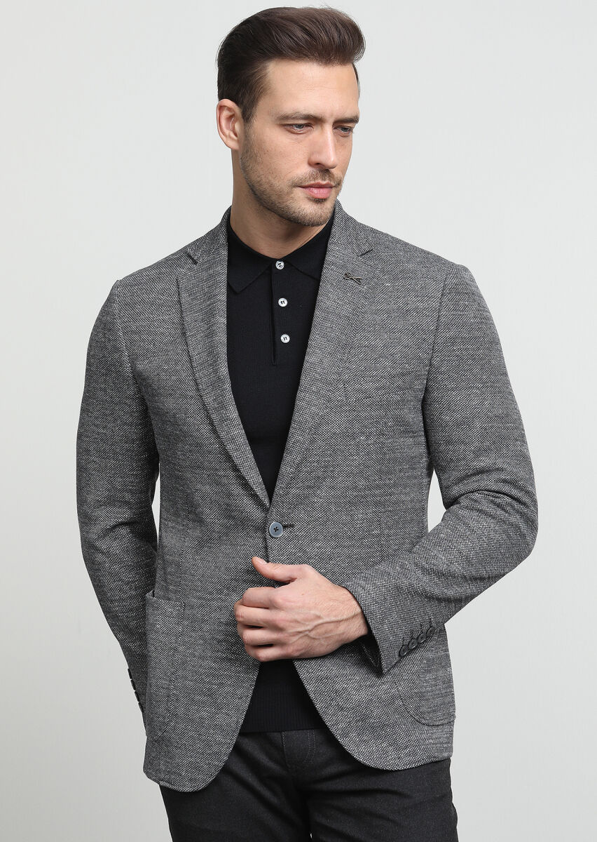 Gri Desenli Zeroweight Slim Fit Pamuk Karışımlı Örme Ceket - 3