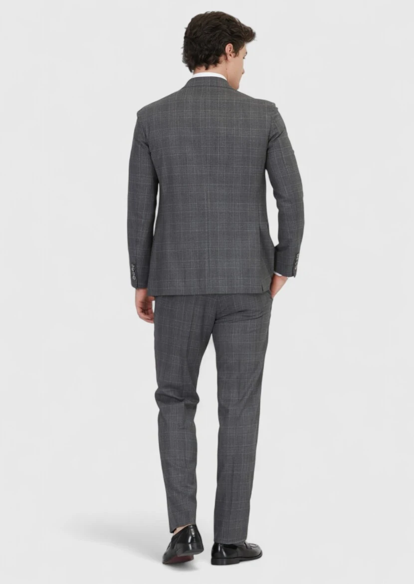 Gri Desenli Zeroweight Slim Fit Yün Karışımlı Takım Elbise - 5