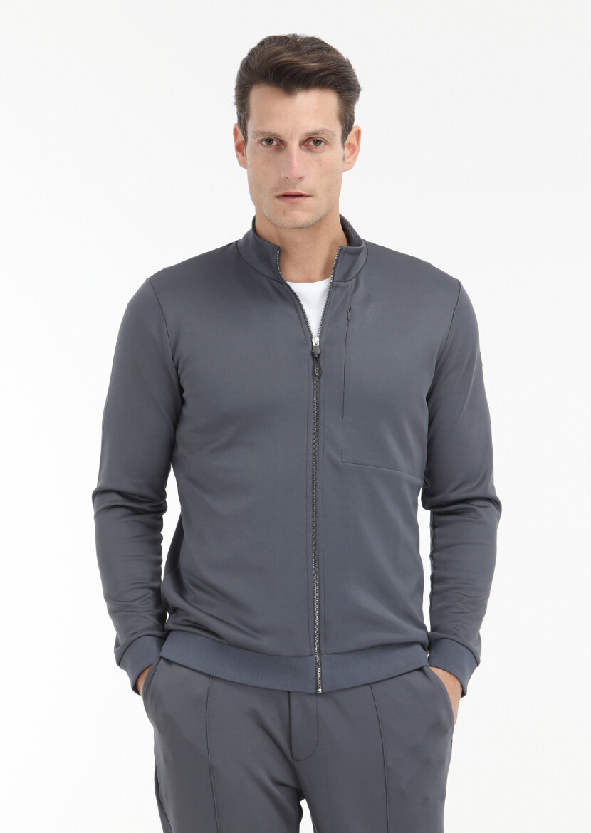 Gri Dik Yaka Düz Sweatshırt - 2