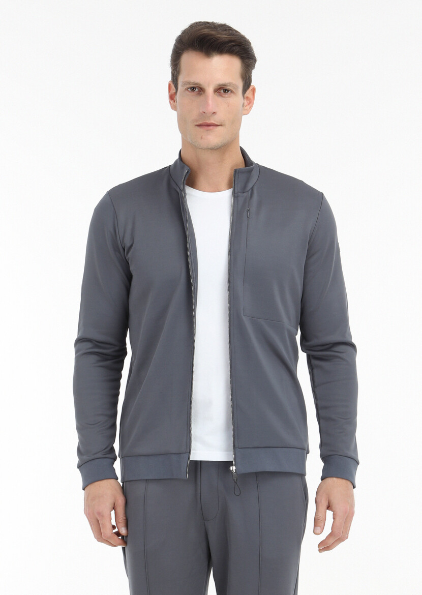 Gri Dik Yaka Düz Sweatshırt - 3