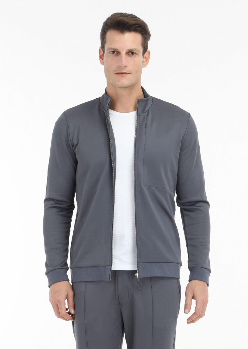 Gri Dik Yaka Düz Sweatshırt - 3