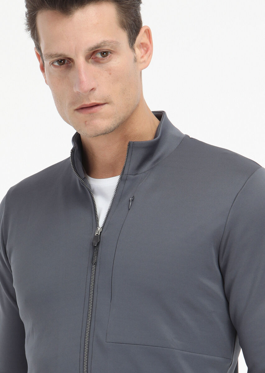 Gri Dik Yaka Düz Sweatshırt - 4