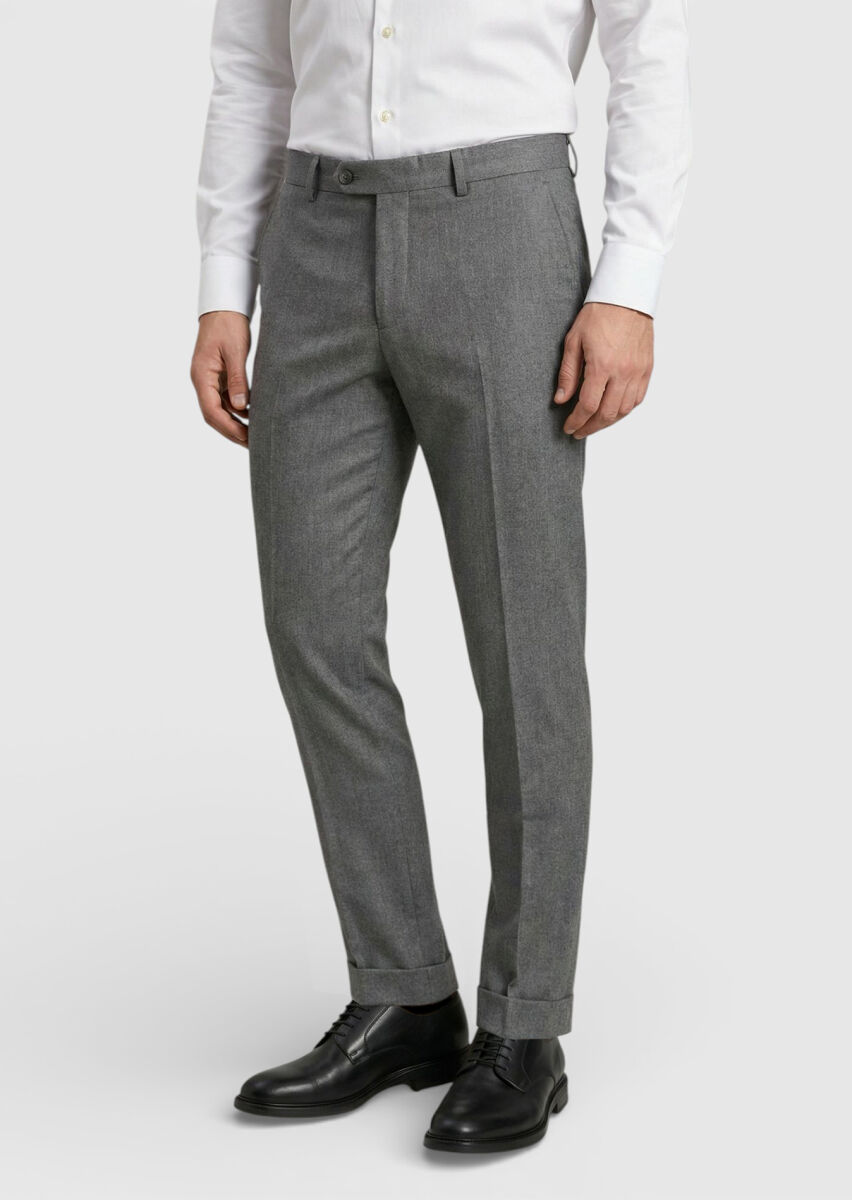 Gri Dokuma Regular Fit Casual %100 Yün Pantolon - 2