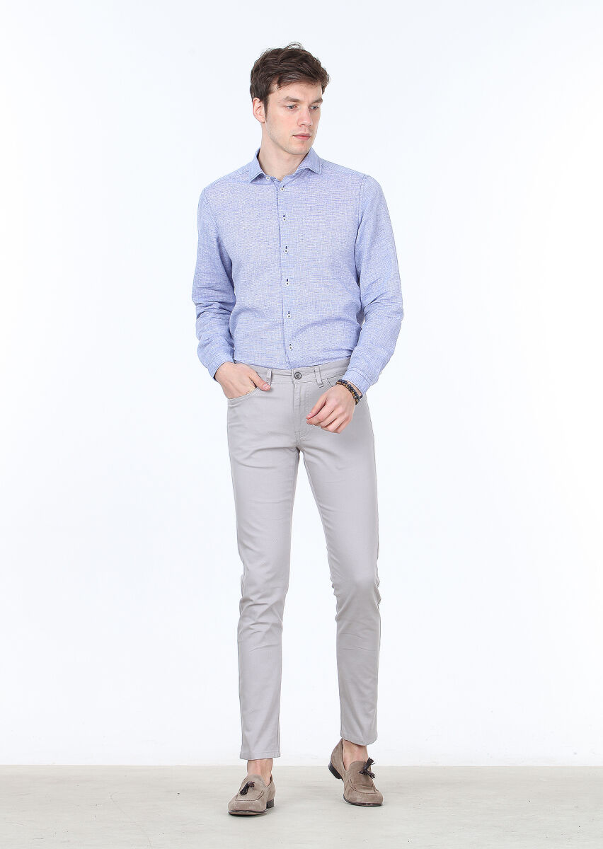 Gri Dokuma Slim Fit Casual Pamuk Karışımlı Pantolon - 1