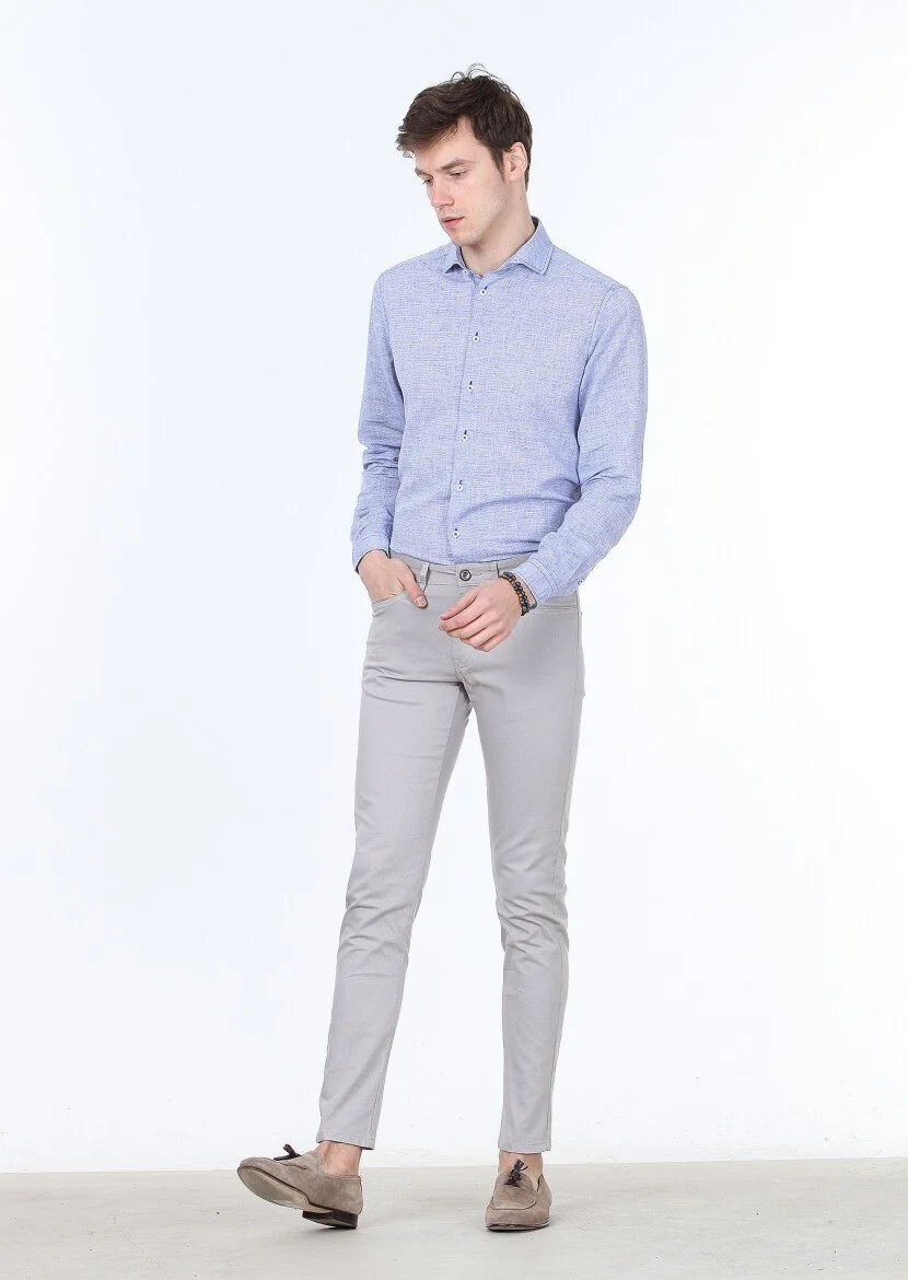 Gri Dokuma Slim Fit Casual Pamuk Karışımlı Pantolon - 2
