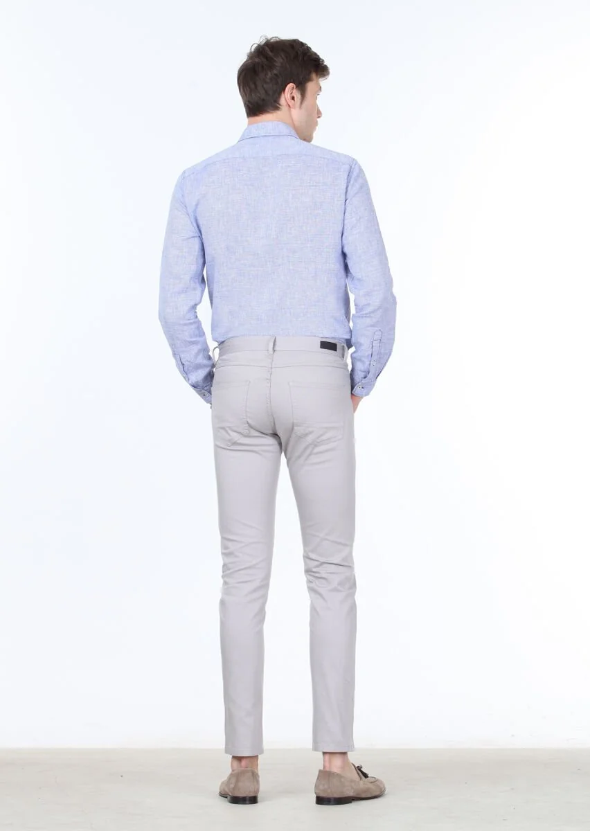 Gri Dokuma Slim Fit Casual Pamuk Karışımlı Pantolon - 4
