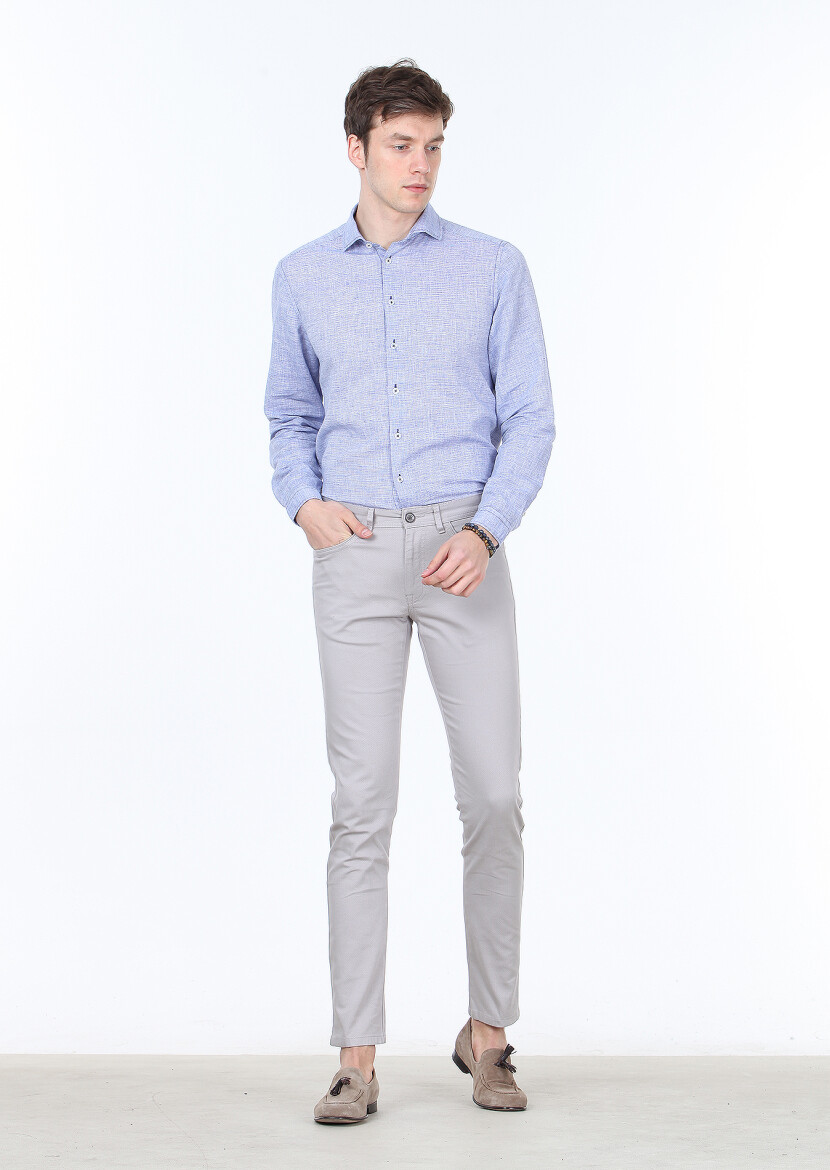 Gri Dokuma Slim Fit Casual Pamuk Karışımlı Pantolon - 1