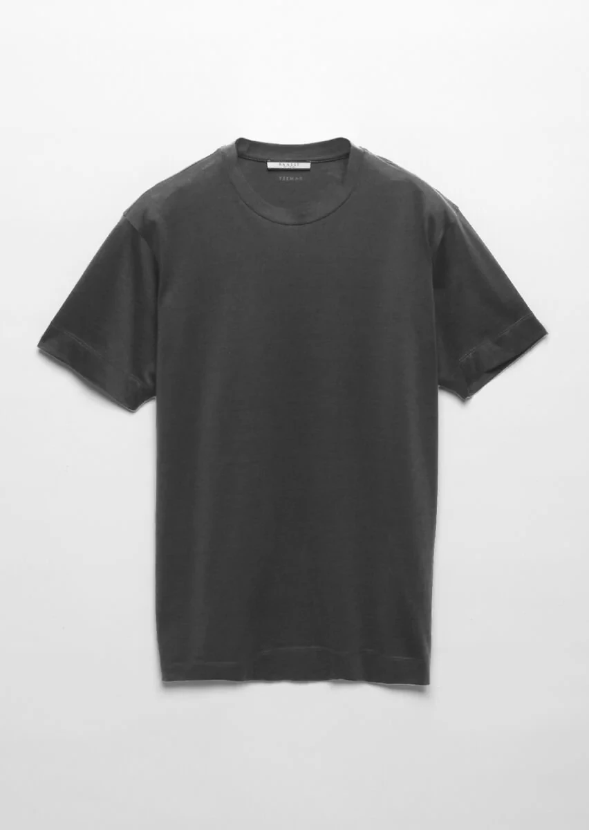 Gri Düz Bisiklet Yaka İpek Karışımlı T-Shirt - 9