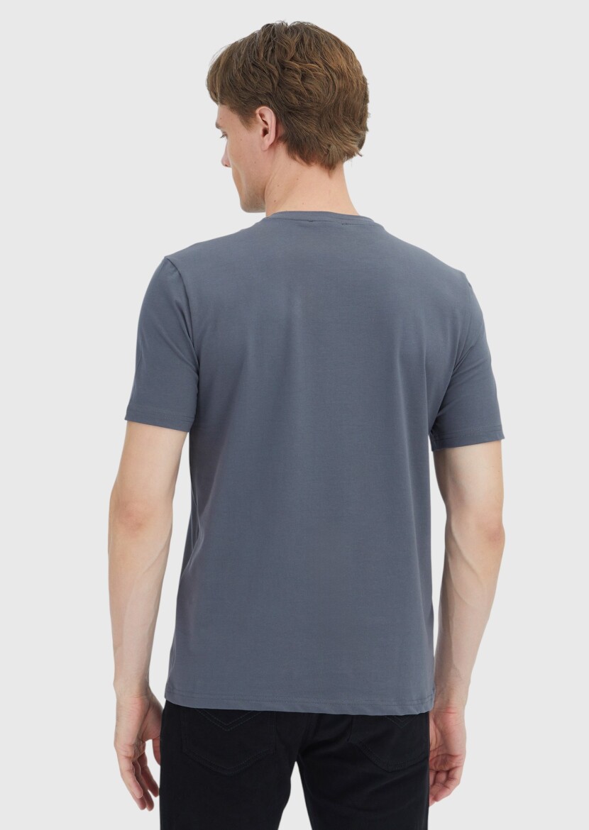 Gri Düz Bisiklet Yaka Pamuk Karışımlı T-Shirt - 4