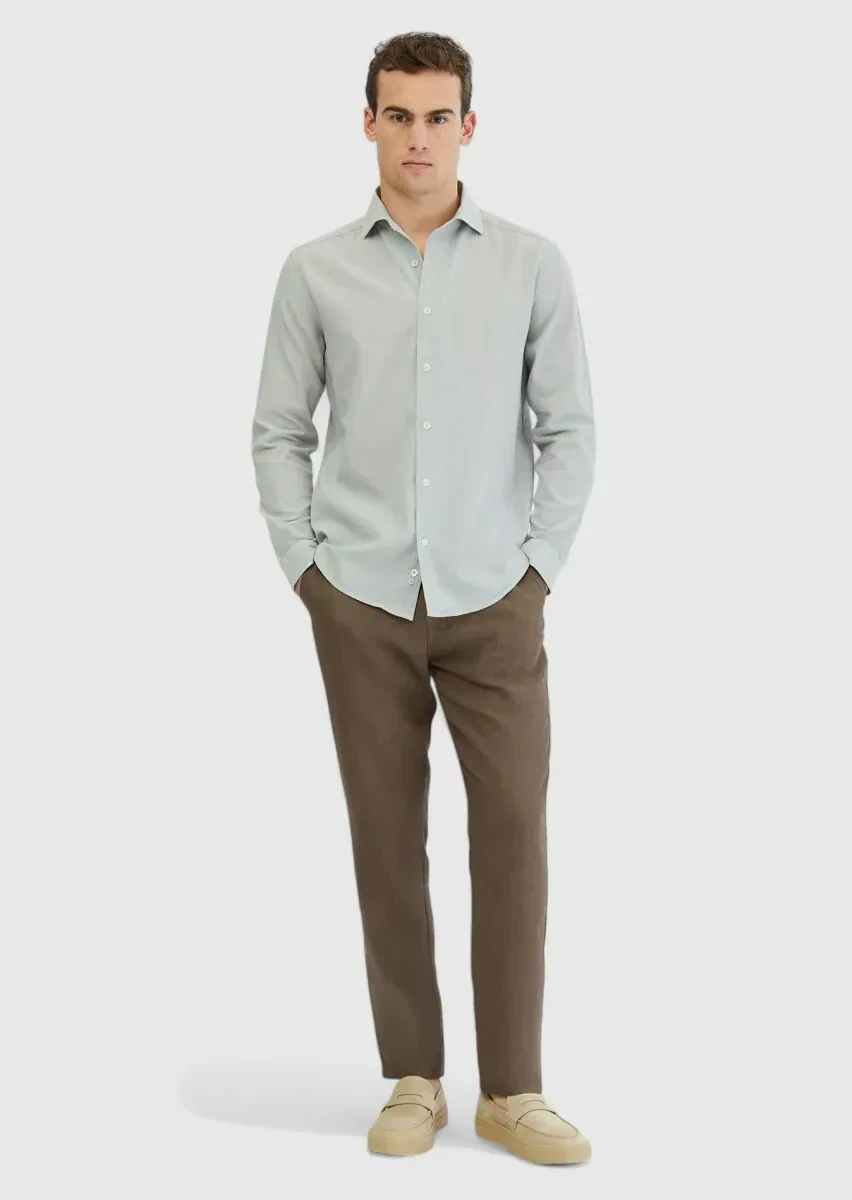 Gri Düz Casual Fit Dokuma Casual %100 Pamuk Gömlek - 1