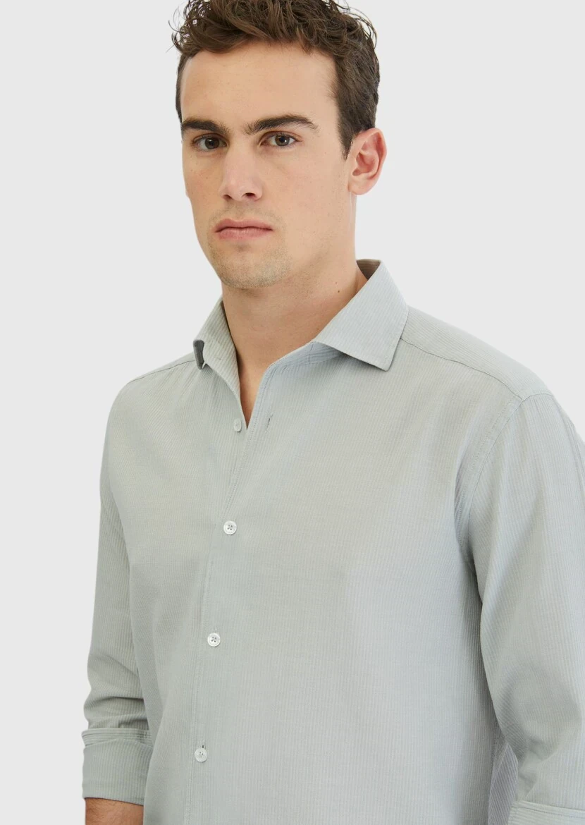 Gri Düz Casual Fit Dokuma Casual %100 Pamuk Gömlek - 3