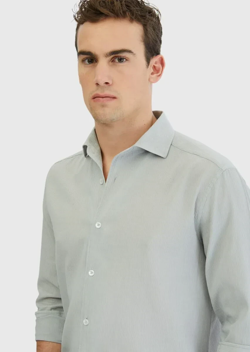 Gri Düz Casual Fit Dokuma Casual %100 Pamuk Gömlek - 3