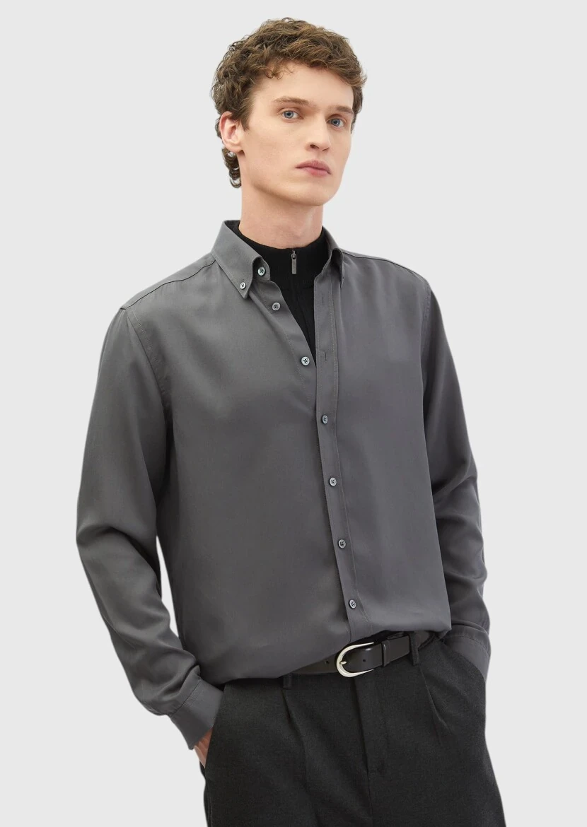 Gri Düz Casual Fit Dokuma Casual Gömlek - RAMSEY
