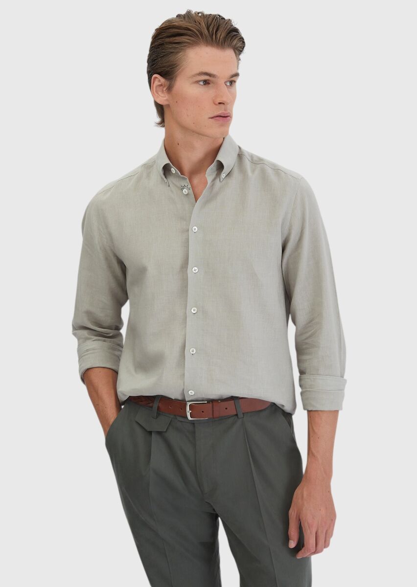 Gri Düz Casual Fit Dokuma Casual Pamuk Karışımlı Gömlek - 1