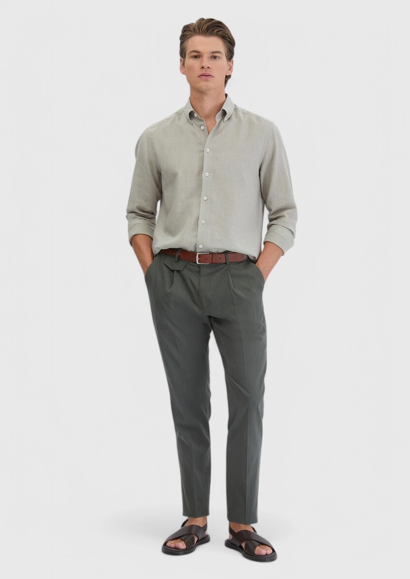 Gri Düz Casual Fit Dokuma Casual Pamuk Karışımlı Gömlek - 2