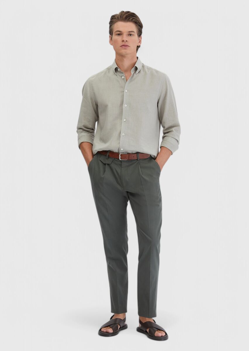 Gri Düz Casual Fit Dokuma Casual Pamuk Karışımlı Gömlek - 2